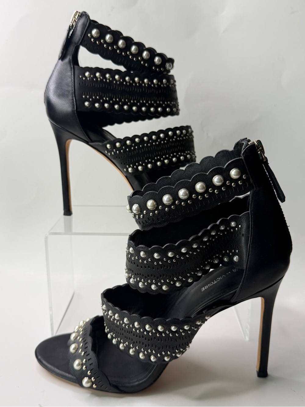 Pour La Victoire Black Pearl-Stud Scalloped Strap High Heels